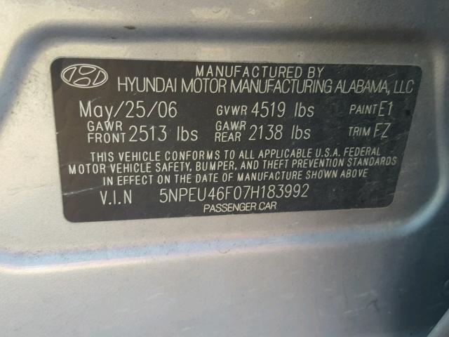 5NPEU46F07H183992 - 2007 HYUNDAI SONATA SE SILVER photo 10