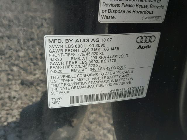 WA1BY74LX8D028319 - 2008 AUDI Q7 3.6 QUA BLACK photo 10