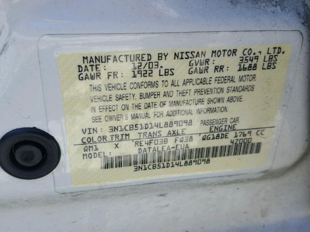 3N1CB51D14L889098 - 2004 NISSAN SENTRA 1.8 WHITE photo 10