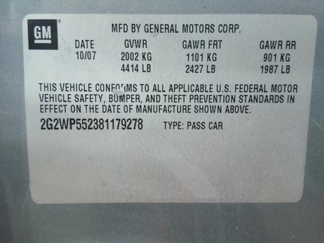 2G2WP552381179278 - 2008 PONTIAC GRAND PRIX SILVER photo 10