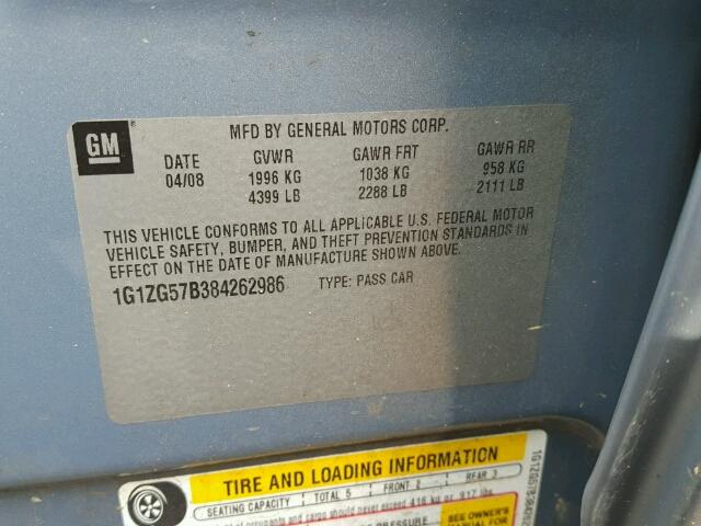 1G1ZG57B384262986 - 2008 CHEVROLET MALIBU LS ლურჯი ფოტო 10