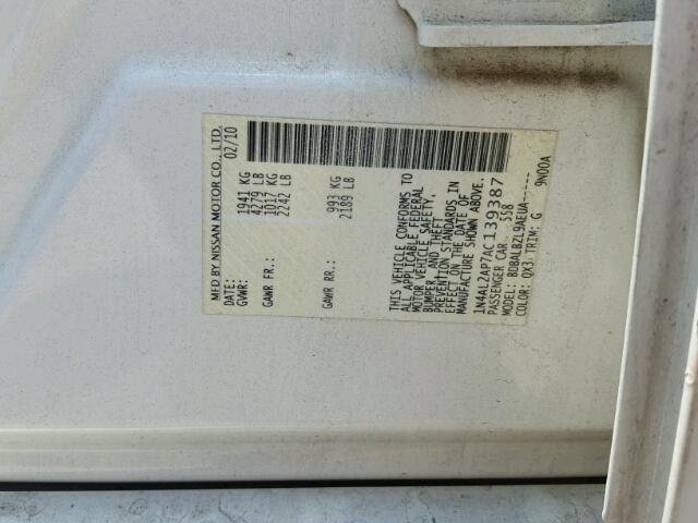 1N4AL2AP7AC139387 - 2010 NISSAN ALTIMA BAS WHITE photo 10