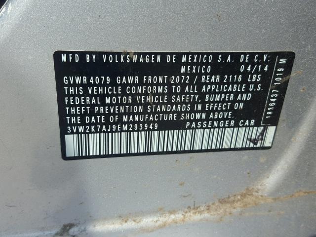 3VW2K7AJ9EM293949 - 2014 VOLKSWAGEN JETTA BASE 银色 照片 10