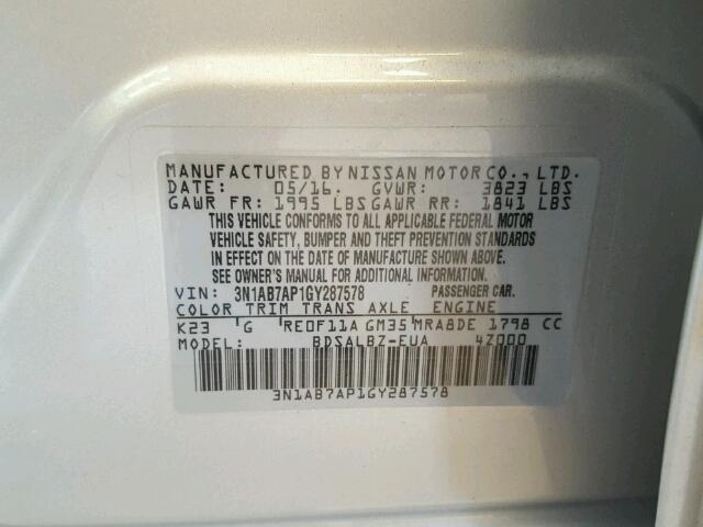 3N1AB7AP1GY287578 - 2016 NISSAN SENTRA S SILVER photo 10