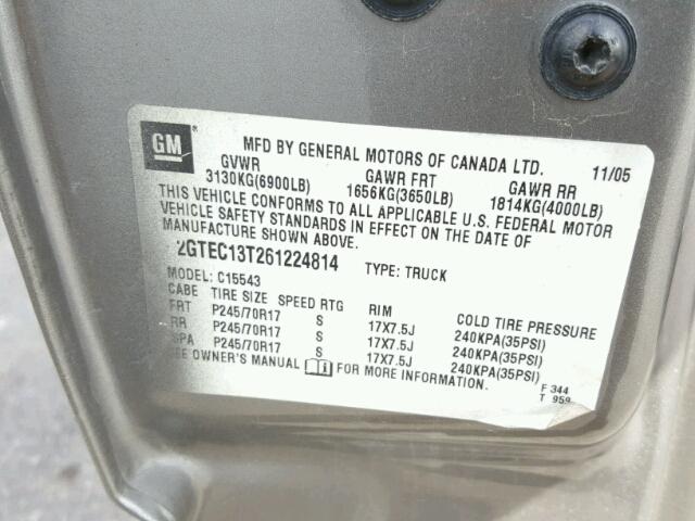 2GTEC13T261224814 - 2006 GMC NEW SIERRA SILVER photo 10