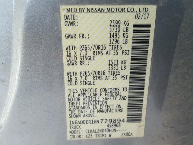 1N6AD0ER1HN729894 - 2017 NISSAN FRONTIER S SILVER photo 10