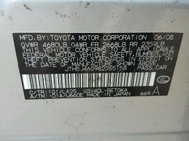 JTHBJ46G982265158 - 2008 LEXUS ES 350 SILVER photo 10