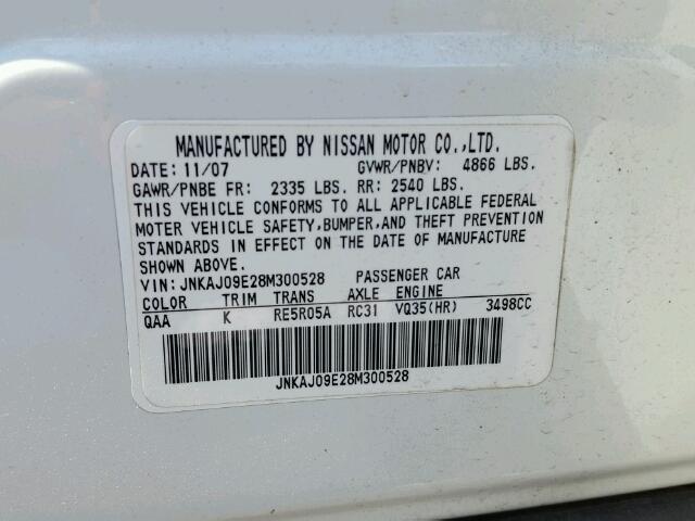 JNKAJ09E28M300528 - 2008 INFINITI EX35 BASE WHITE photo 10