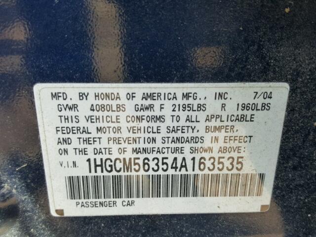 1HGCM56354A163535 - 2004 HONDA ACCORD BLUE photo 10