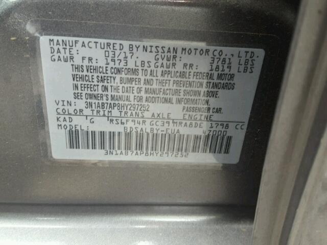 3N1AB7AP8HY297252 - 2017 NISSAN SENTRA S GRAY photo 10