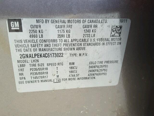 2GNALPEK4C6173022 - 2012 CHEVROLET EQUINOX LT TAN photo 10