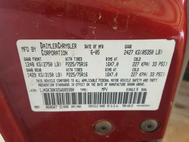 1J4GK38K65W689380 - 2005 JEEP LIBERTY RE RED photo 10