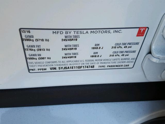 5YJSA1E11GF174748 - 2016 TESLA MODEL S WHITE photo 10