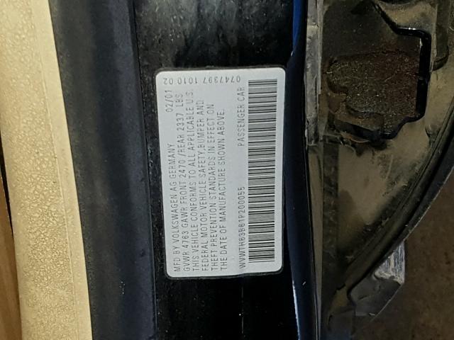 WVWTH63B61P200055 - 2001 VOLKSWAGEN PASSAT GLX BLACK photo 10