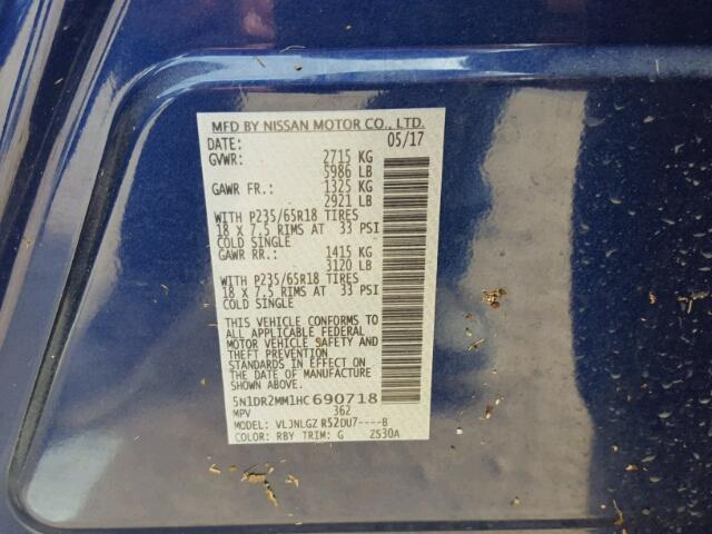 5N1DR2MM1HC690718 - 2017 NISSAN PATHFINDER BLUE photo 10