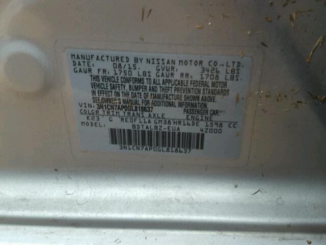 3N1CN7AP0GL818637 - 2016 NISSAN VERSA SILVER photo 10