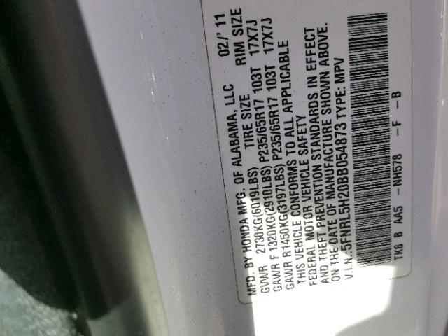 5FNRL5H20BB054873 - 2011 HONDA ODYSSEY LX WHITE photo 10