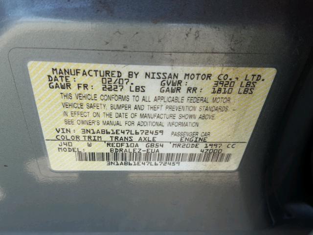 3N1AB61E47L672459 - 2007 NISSAN SENTRA 2.0 GREEN photo 10