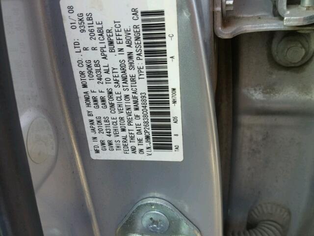 JHMCP26838C048893 - 2008 HONDA ACCORD EXL SILVER photo 10