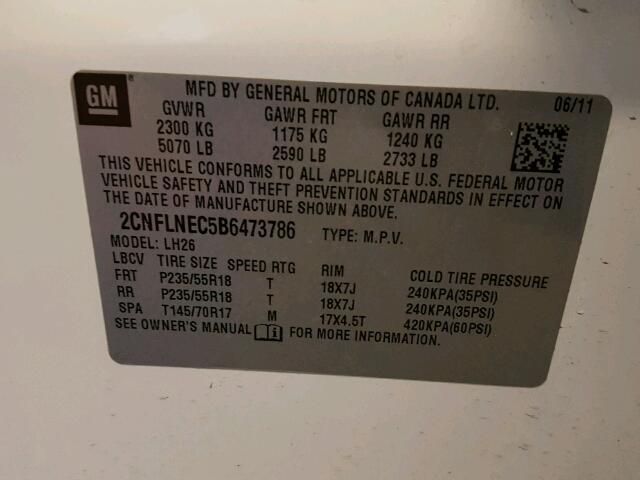 2CNFLNEC5B6473786 - 2011 CHEVROLET EQUINOX WHITE photo 10