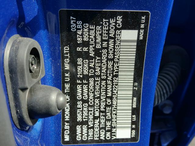 SHHFK7H46HU422192 - 2017 HONDA CIVIC SPOR 蓝色 照片 10