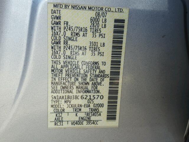 5N1AR18U38C621570 - 2008 NISSAN PATHFINDER SILVER photo 10