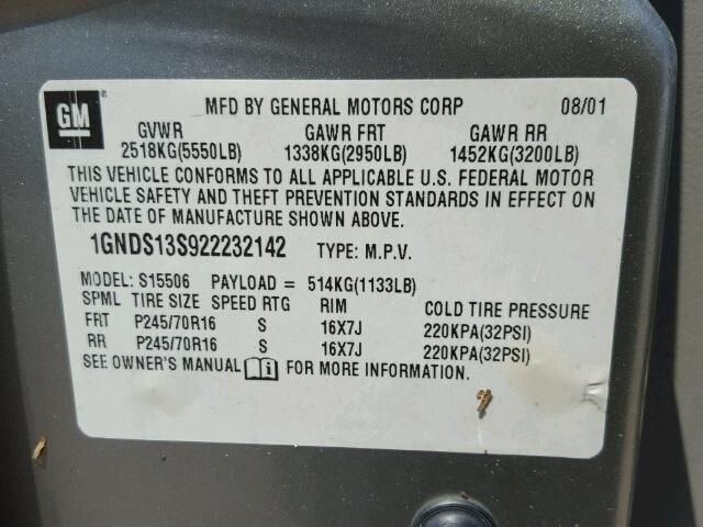 1GNDS13S922232142 - 2002 CHEVROLET TRAILBLAZE SILVER photo 10