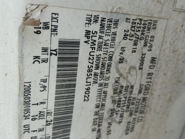 5LMFU27585LJ19022 - 2005 LINCOLN NAVIGATOR WHITE photo 10