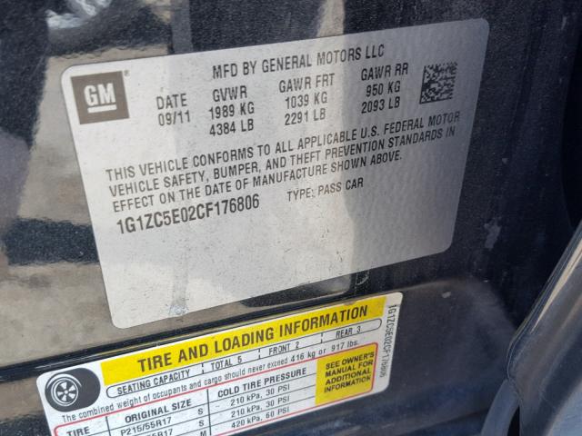 1G1ZC5E02CF176806 - 2012 CHEVROLET MALIBU 1LT 黑色 照片 10