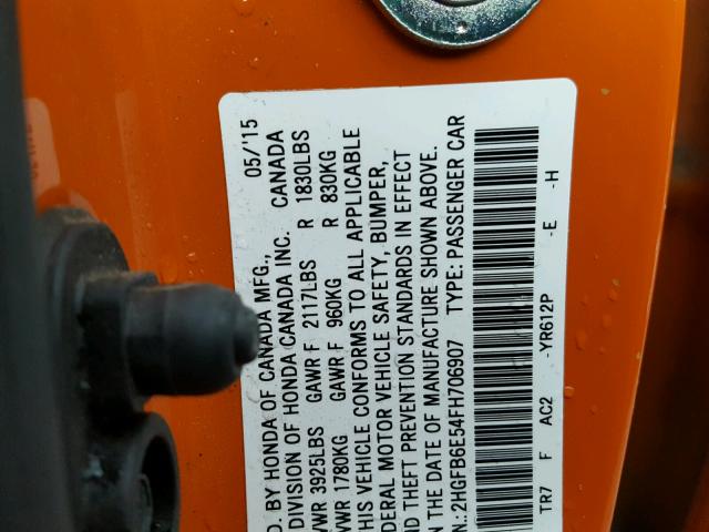 2HGFB6E54FH706907 - 2015 HONDA CIVIC SI ORANGE photo 10