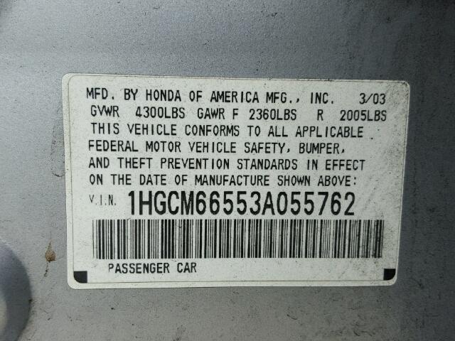 1HGCM66553A055762 - 2003 HONDA ACCORD EX SILVER photo 10