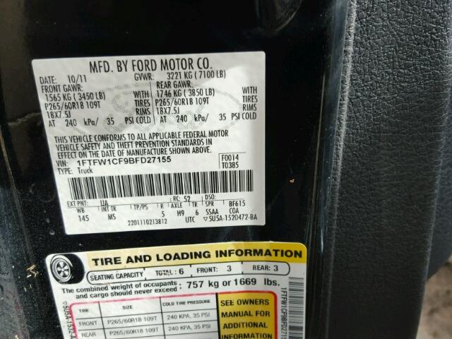 1FTFW1CF9BFD27155 - 2011 FORD F150 BLACK photo 10