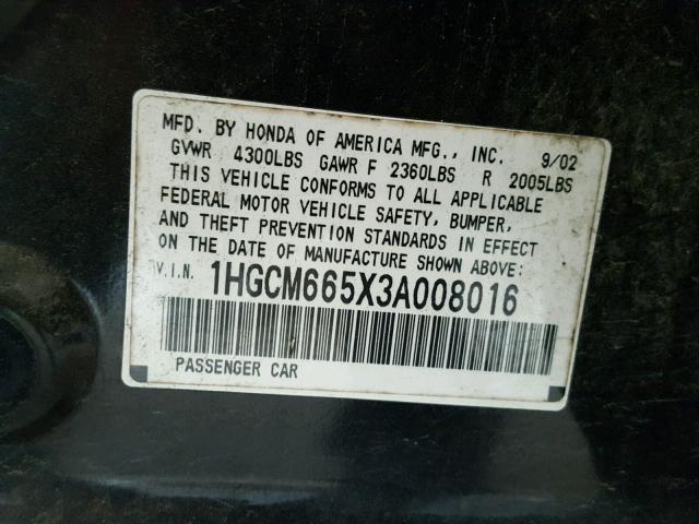 1HGCM665X3A008016 - 2003 HONDA ACCORD EX BLACK photo 10