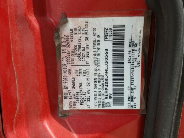 5LMPU28L4WLJ30568 - 1998 LINCOLN NAVIGATOR RED photo 10