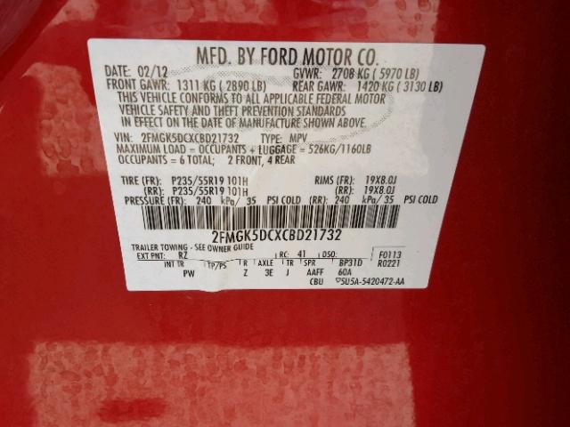 2FMGK5DCXCBD21732 - 2012 FORD FLEX LIMIT RED photo 10