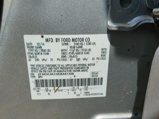 2FMDK3KC9EBA51308 - 2014 FORD EDGE LIMIT SILVER photo 10