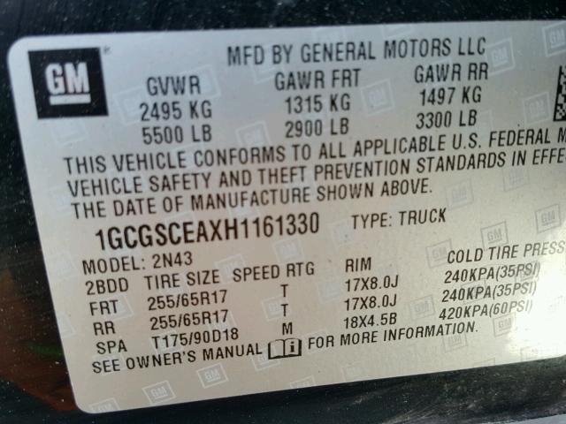 1GCGSCEAXH1161330 - 2017 CHEVROLET COLORADO L BLACK photo 10