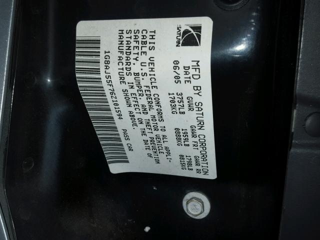 1G8AJ55F76Z101594 - 2006 SATURN ION LEVEL GRAY photo 10