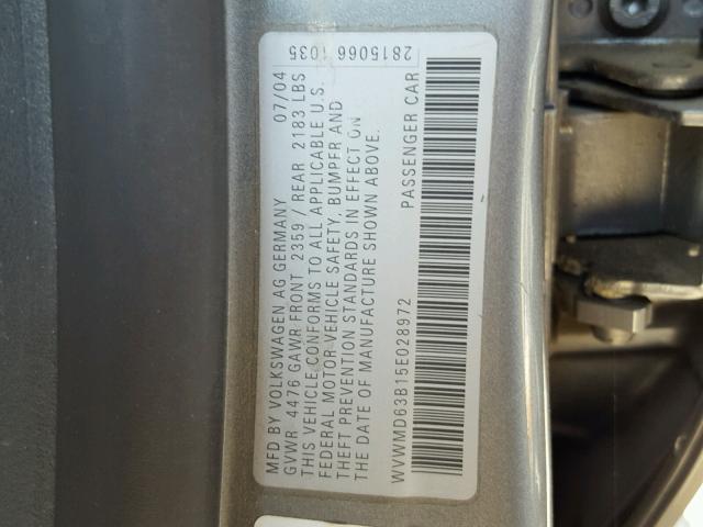 WVWMD63B15E028972 - 2005 VOLKSWAGEN PASSAT GL SILVER photo 10