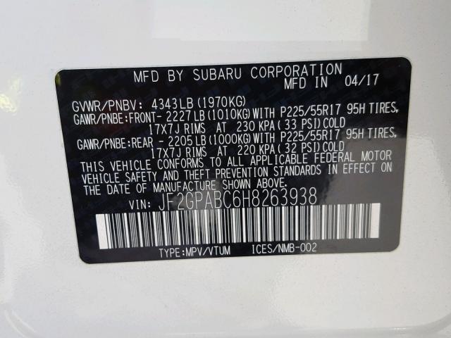 JF2GPABC6H8263938 - 2017 SUBARU CROSSTREK WHITE photo 10