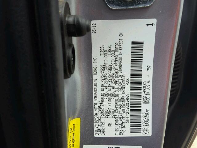 5TFFY5F12CX124699 - 2012 TOYOTA TUNDRA GRAY photo 10