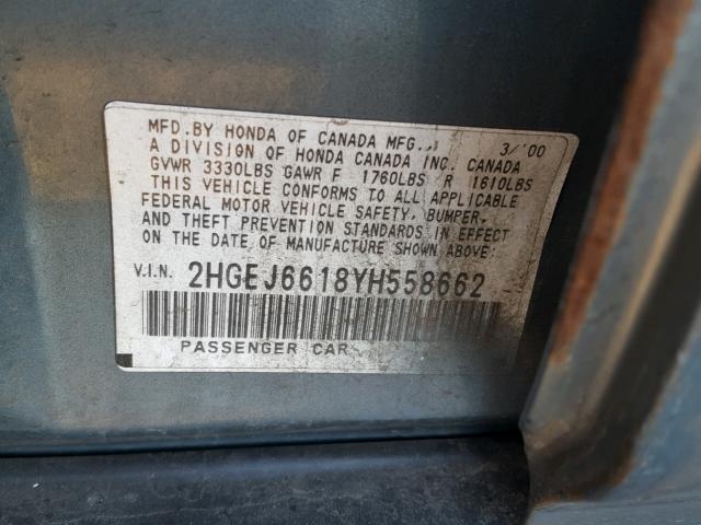 2HGEJ6618YH558662 - 2000 HONDA CIVIC BASE 蓝色 照片 10