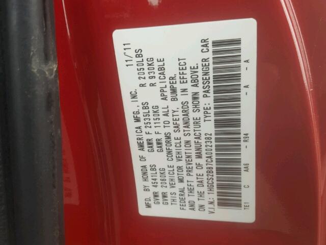 1HGCS2B87CA002382 - 2012 HONDA ACCORD RED photo 10