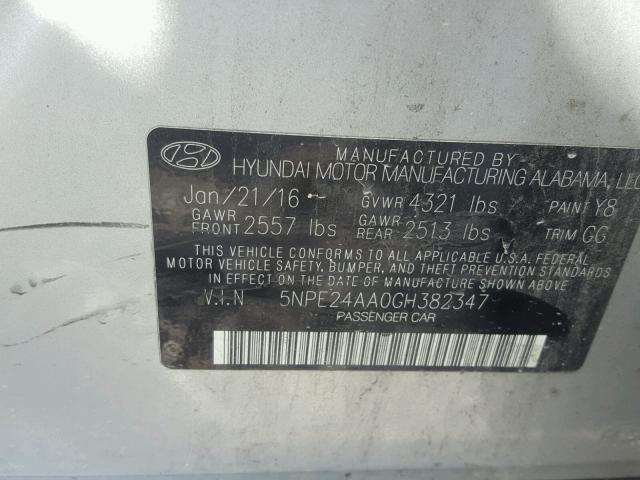 5NPE24AA0GH382347 - 2016 HYUNDAI SONATA ECO SILVER photo 10