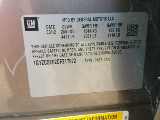 1G1ZC5E02CF317972 - 2012 CHEVROLET MALIBU ყავისფერი ფოტო 10