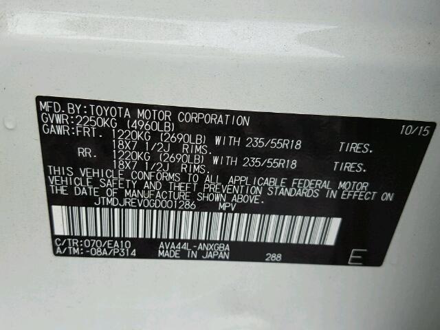 JTMDJREV0GD001286 - 2016 TOYOTA RAV4 HV LI WHITE photo 10