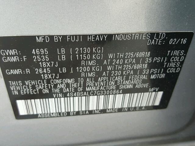 4S4BSALC7G3300864 - 2016 SUBARU OUTBACK 2. SILVER photo 10