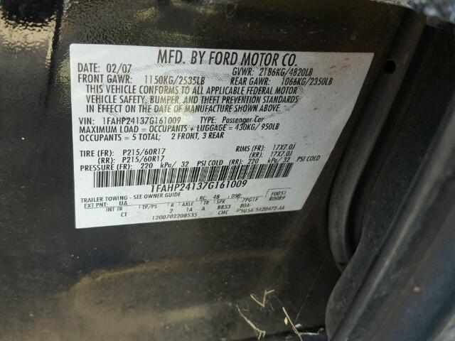 1FAHP24137G161009 - 2007 FORD FIVE HUNDR BLACK photo 10