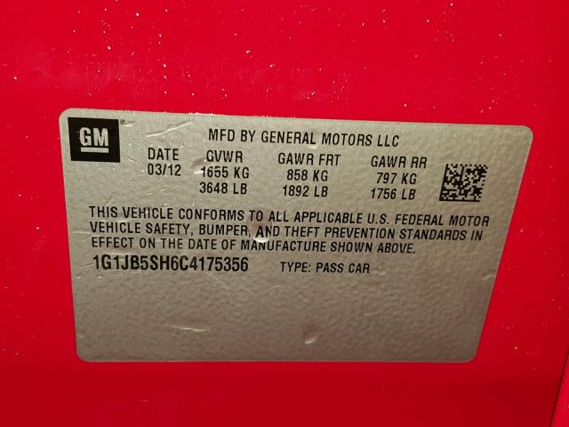 1G1JB5SH6C4175356 - 2012 CHEVROLET SONIC LS 红色 照片 10