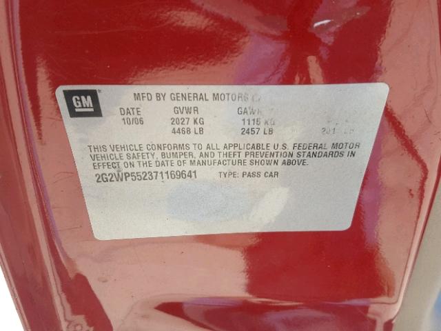 2G2WP552371169641 - 2007 PONTIAC GRAND PRIX Կարմիր լուսանկար 10